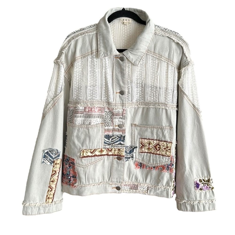 Pol Patchwork Lace Oversized Denim Jacket Light W… - image 1